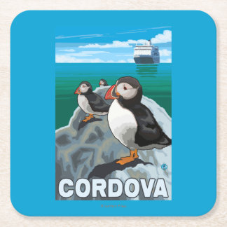 Puffins & Cruise Ship - Cordova, Alaska Square Paper Coaster