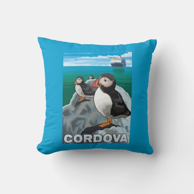 Puffins & Cruise Ship - Cordova, Alaska Throw Pillow (Front)