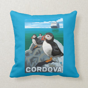 Puffins & Cruise Ship - Cordova, Alaska Throw Pillow