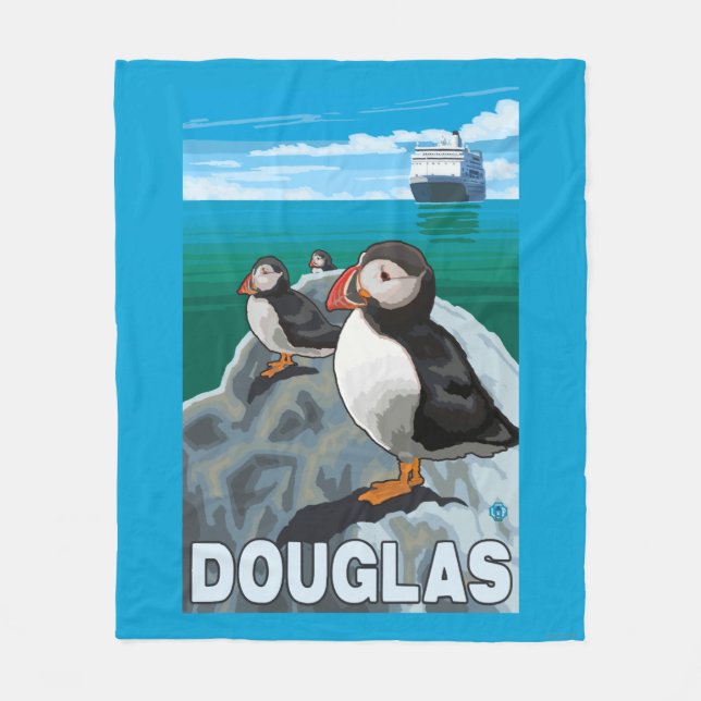 Puffins & Cruise Ship - Douglas, Alaska Fleece Blanket (Front)