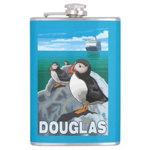 Puffins & Cruise Ship - Douglas, Alaska Hip Flask