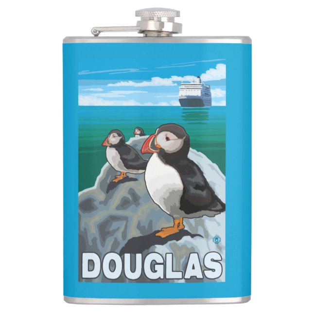 Puffins & Cruise Ship - Douglas, Alaska Hip Flask (Front)