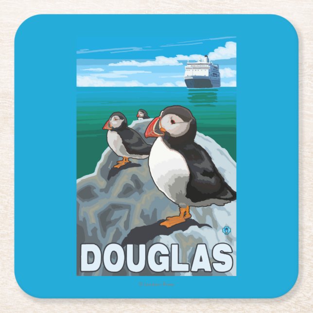 Puffins & Cruise Ship - Douglas, Alaska Square Paper Coaster (Front)