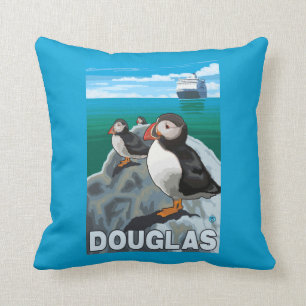 Puffins & Cruise Ship - Douglas, Alaska Throw Pillow