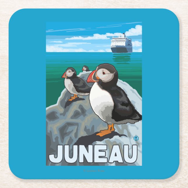 Puffins & Cruise Ship - Juneau, Alaska Square Paper Coaster (Front)
