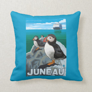 Puffins & Cruise Ship - Juneau, Alaska Throw Pillow