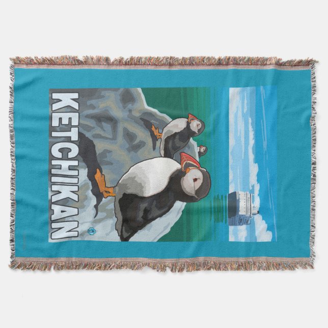 Puffins & Cruise Ship - Ketchikan, Alaska Throw Blanket (Front)