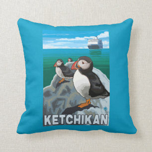 Puffins & Cruise Ship - Ketchikan, Alaska Throw Pillow