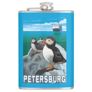 Puffins & Cruise Ship - Petersburg, Alaska Hip Flask