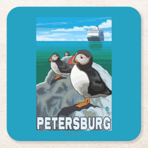 Puffins & Cruise Ship - Petersburg, Alaska Square Paper Coaster