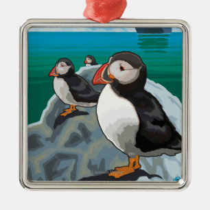 Puffins & Cruise Ship - Seldovia, Alaska Metal Ornament