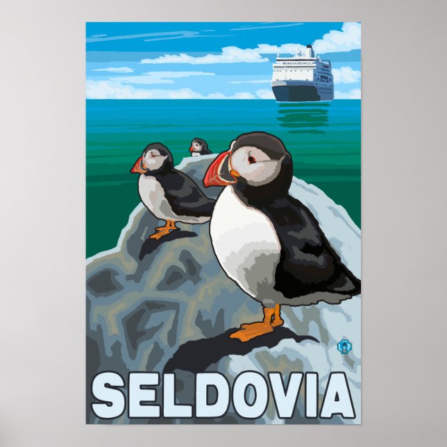 Puffins & Cruise Ship - Seldovia, Alaska Poster (Front)