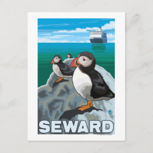 Puffins & Cruise Ship - Seward, Alaska Postcard
