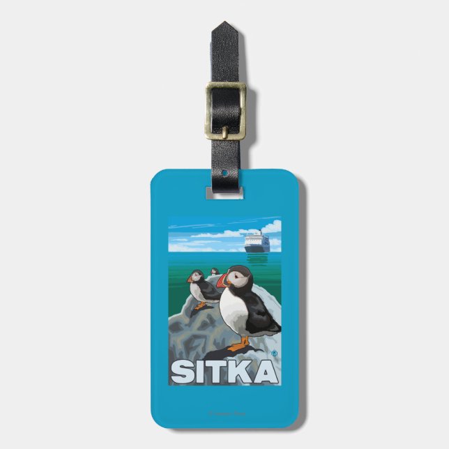 Puffins & Cruise Ship - Sitka, Alaska Luggage Tag (Front Vertical)