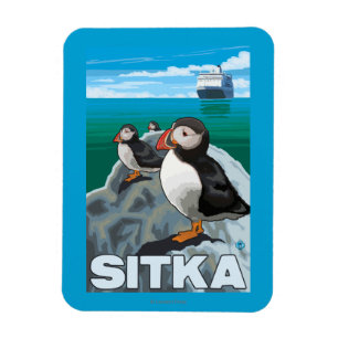 Puffins & Cruise Ship - Sitka, Alaska Magnet