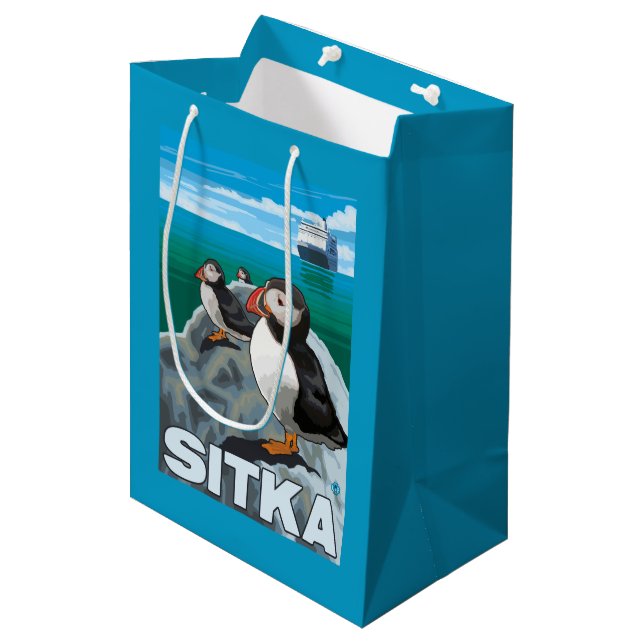 Puffins & Cruise Ship - Sitka, Alaska Medium Gift Bag (Front Angled)