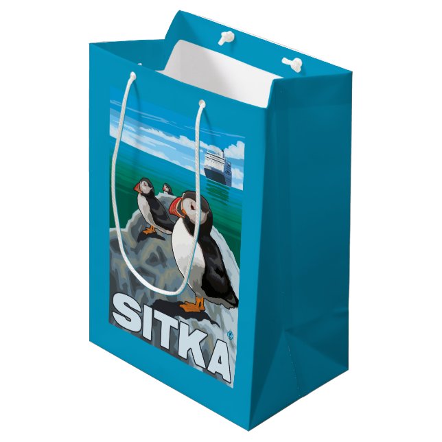 Puffins & Cruise Ship - Sitka, Alaska Medium Gift Bag (Front Angled)
