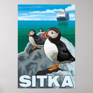 Puffins & Cruise Ship - Sitka, Alaska Poster