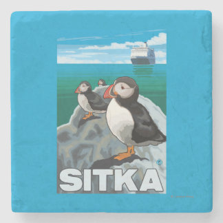 Puffins & Cruise Ship - Sitka, Alaska Stone Coaster