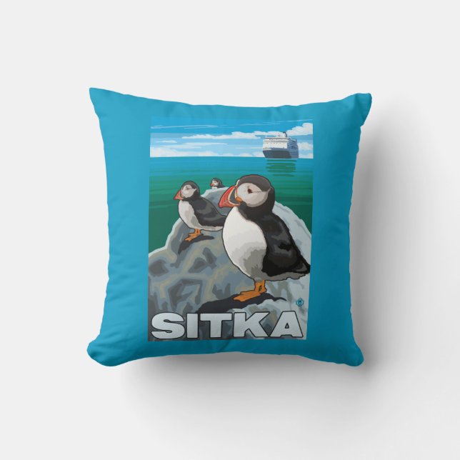 Puffins & Cruise Ship - Sitka, Alaska Throw Pillow (Front)