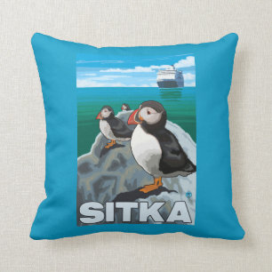 Puffins & Cruise Ship - Sitka, Alaska Throw Pillow
