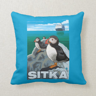 Puffins & Cruise Ship - Sitka, Alaska Throw Pillow