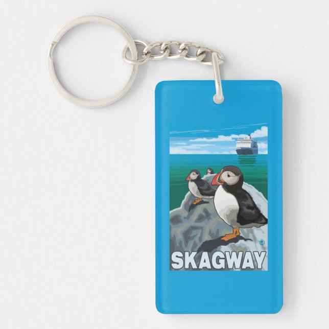 Puffins & Cruise Ship - Skagway, Alaska Keychain (Front)