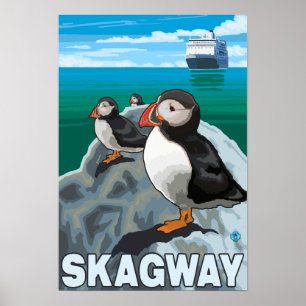 Puffins & Cruise Ship - Skagway, Alaska Poster