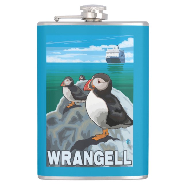 Puffins & Cruise Ship - Wrangell, Alaska Hip Flask (Front)