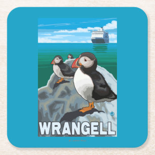 Puffins & Cruise Ship - Wrangell, Alaska Square Paper Coaster