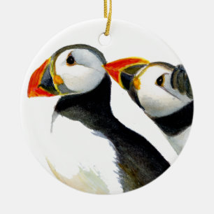 Puffins Seabirds in Watercolour Paints Artwork Ceramic Ornament