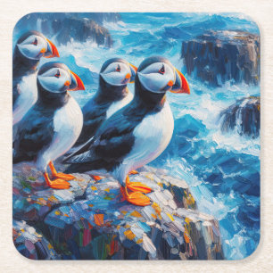 Puffins Square Paper Coaster