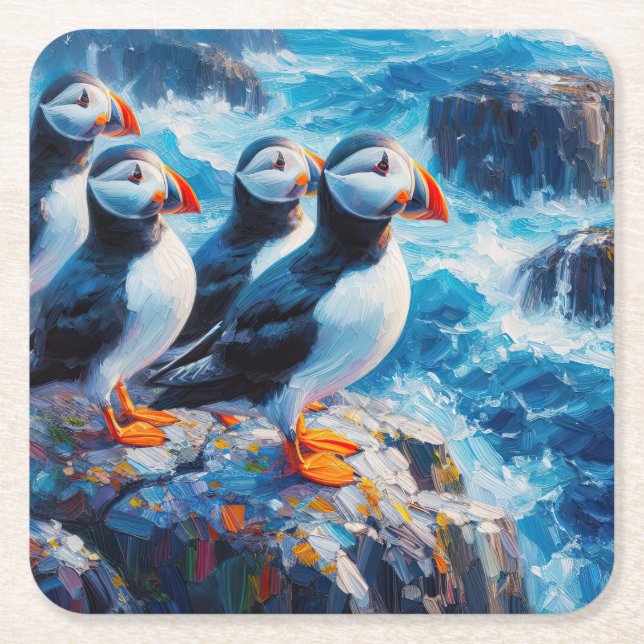 Puffins Square Paper Coaster (Front)
