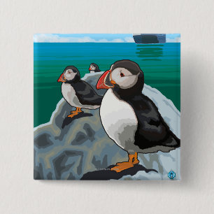 Puffins watching a Cruise Ship 2 Inch Square Button