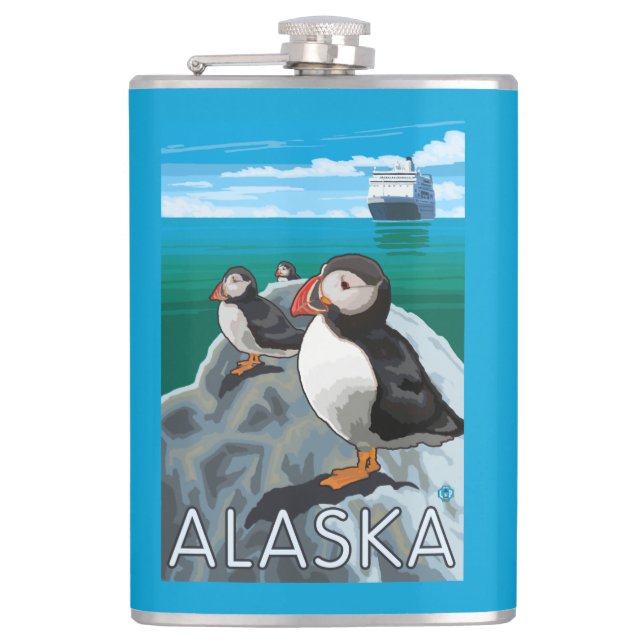 Puffins watching a Cruise Ship Hip Flask (Front)