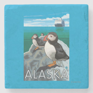 Puffins watching a Cruise Ship Stone Coaster