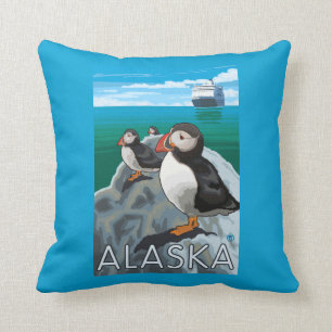Puffins watching a Cruise Ship Throw Pillow