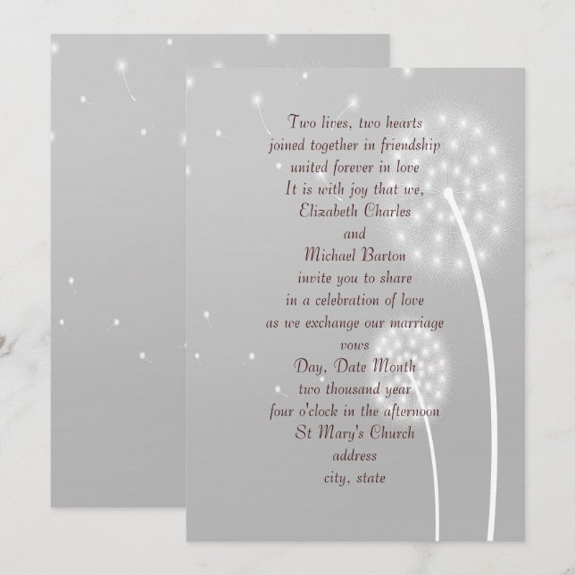 Puffs Dandilion, Gris, Élégant, Faire-part de mari (Devant / Derrière)