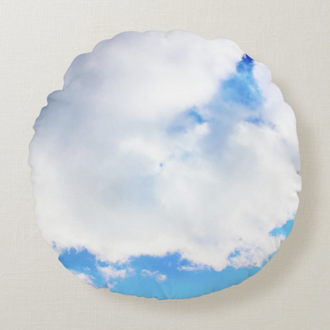 Puffy White Clouds and Blue Sky Round Pillow (Front)