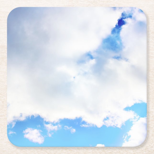 Puffy White Clouds and Blue Sky Square Paper Coaster (Front)