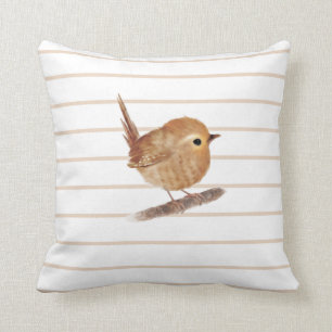 Puffy Wren Bird Throw Pillow