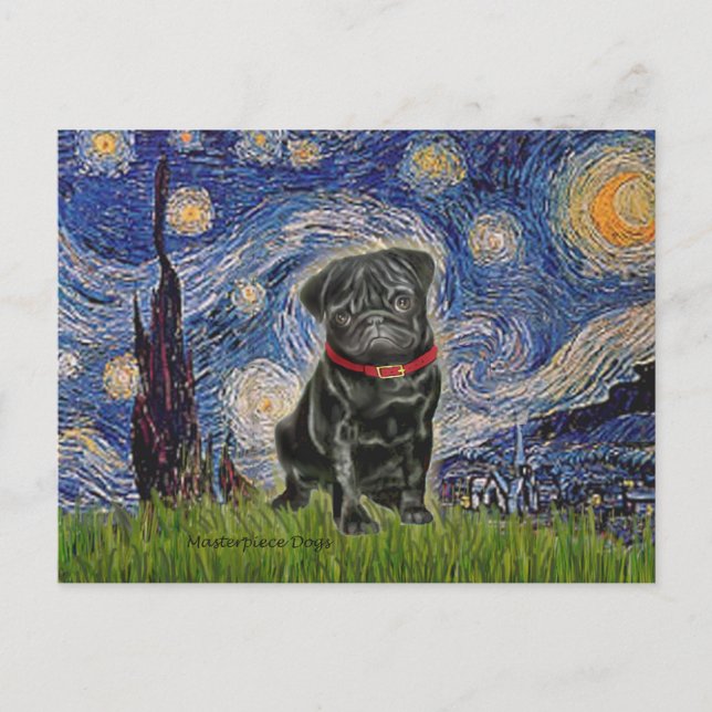 Pug 13 (black) - Starry Night Postcard (Front)