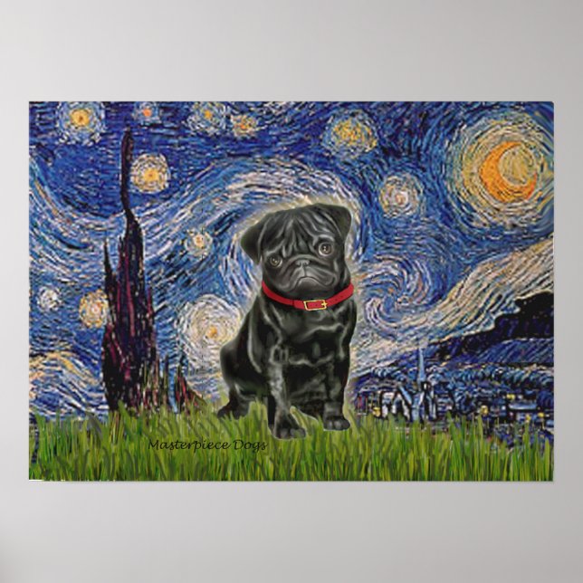 Pug 13 (black) - Starry Night Poster (Front)