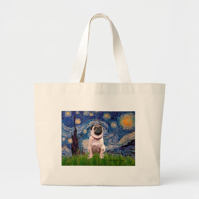 Pug 1(fawn)  - Starry Night Large Tote Bag (Front)