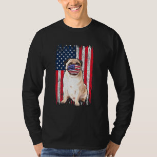 Pug American Flag Dog Wears Face Mask 4th Of July T-Shirt