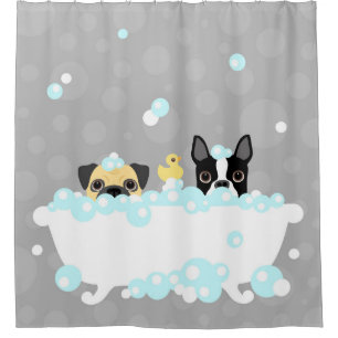 Pug and Boston Terrier in Bathtub Shower Curtain