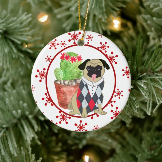 Pug and Cactus Red Snowflake Template Ceramic Ornament (Tree)