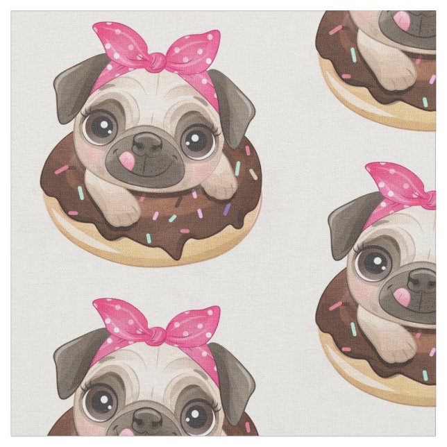 Pug and Chocolate Doughnut Fabric (Close Up)