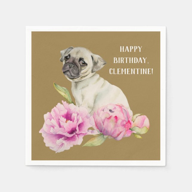 Pug and Peonies | Watercolor Painting | Birthday Napkin (Front)