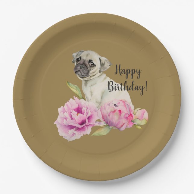 Pug and Peonies | Watercolor Painting | Birthday Paper Plate (Front)